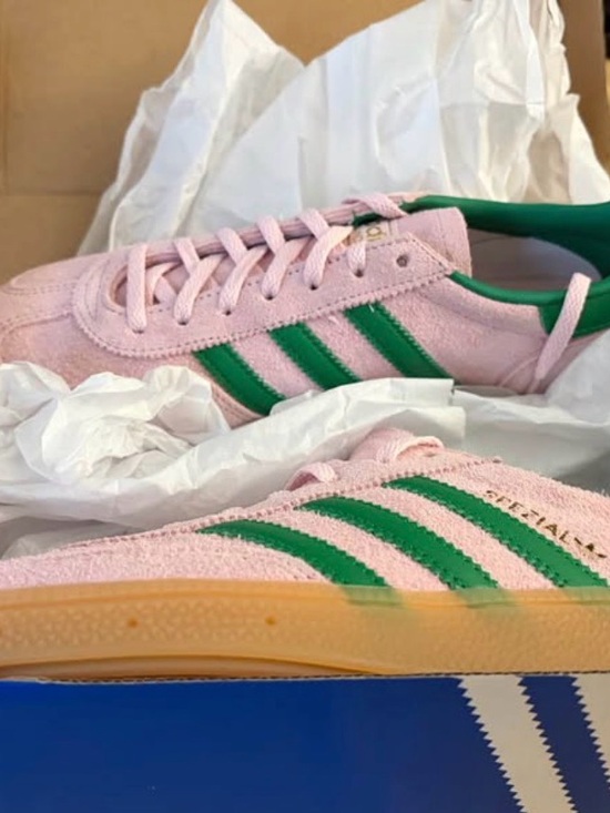 adidas Shoes - adidas Women's Pink Suede Sneakers with Green Stripes and Gum Sole